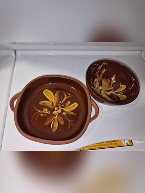 Terra cotta dip and 7" serving tray brown gold floral